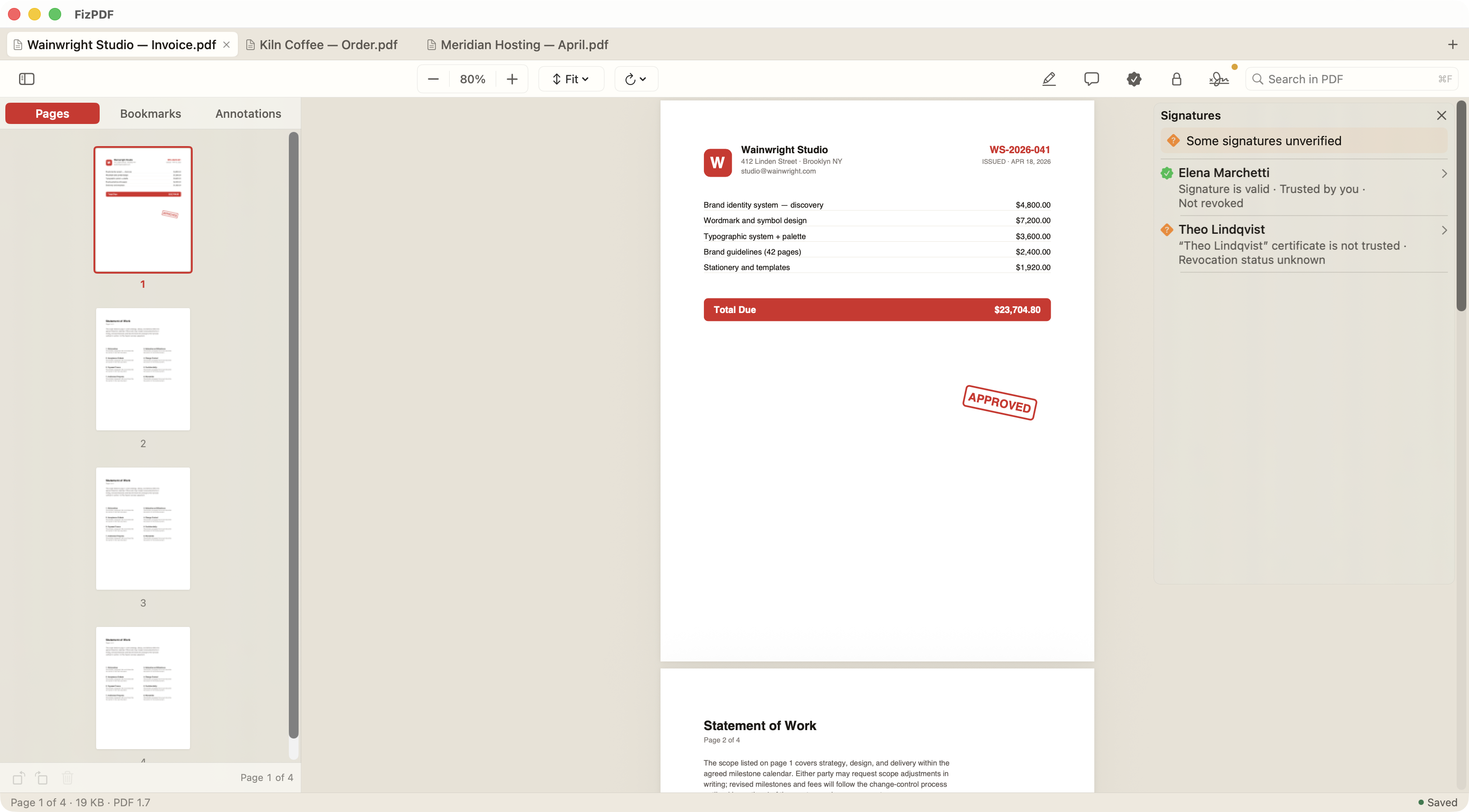 FizPDF showing a Wainwright Studio invoice with the page sidebar, an APPROVED stamp, and the Signatures inspector