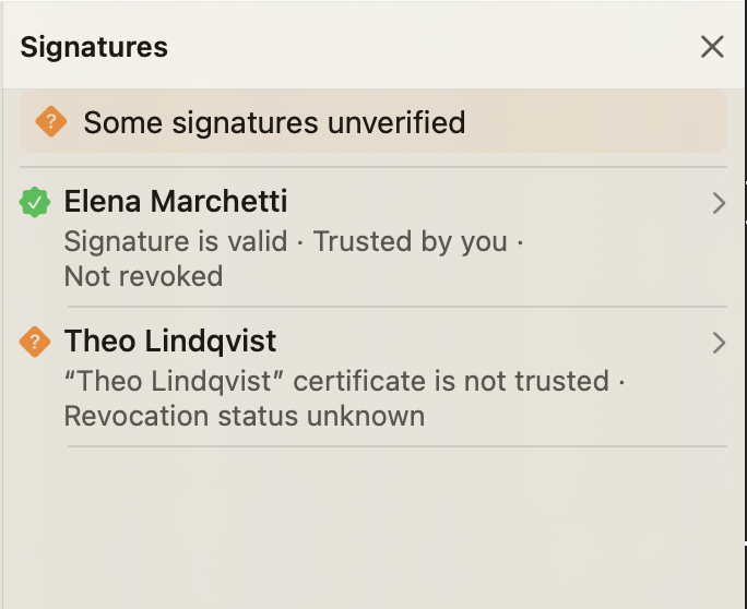 FizPDF Signatures panel showing a valid and an unverified signer