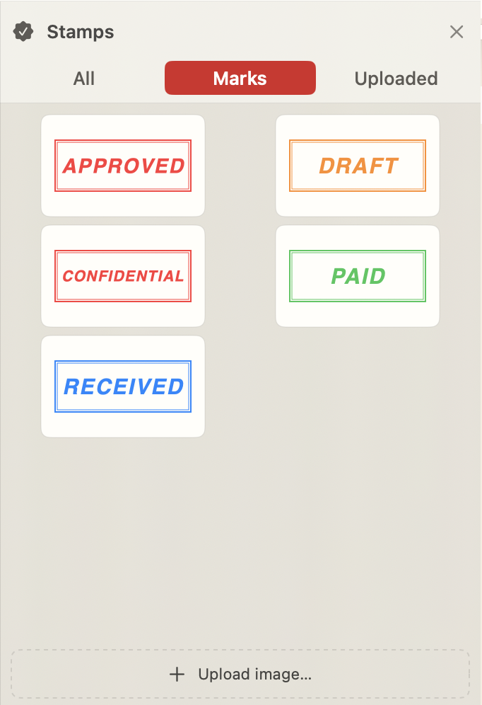 FizPDF Stamps panel showing APPROVED, DRAFT, CONFIDENTIAL, PAID, and RECEIVED marks with an upload option